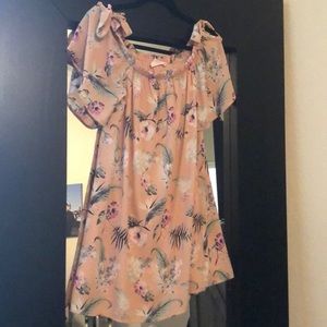 Off the shoulder tropical print blush dress